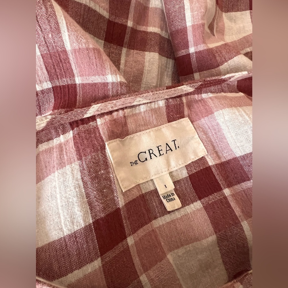 THE GREAT. Whisper Check Cotton Linen brick plaid ruffle sleeve top sz 1 - Picture 7 of 7